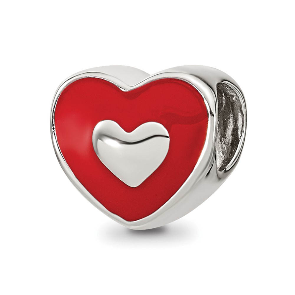 Sterling Silver & Red Enamel Double Sided LOVE & Heart Bead Charm