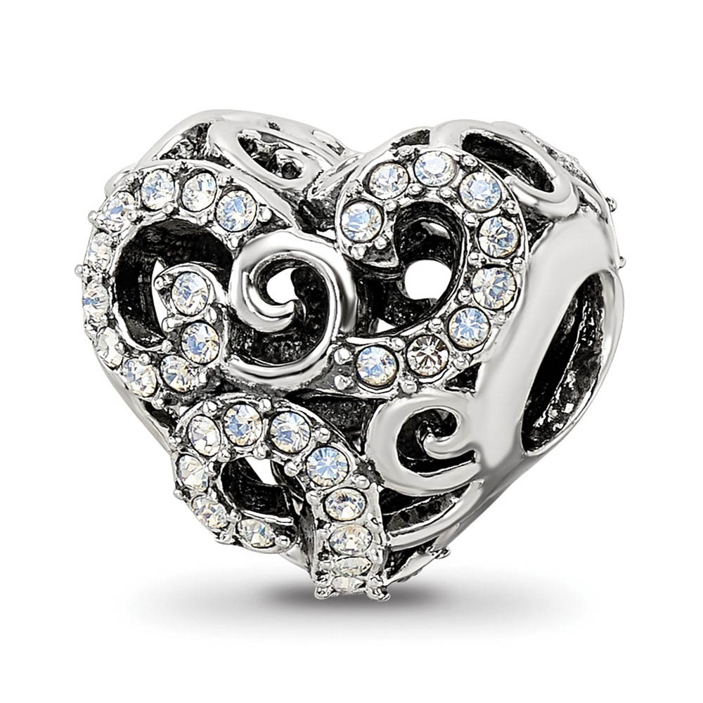 Sterling Silver with White Crystals Filigree Heart Bead Charm
