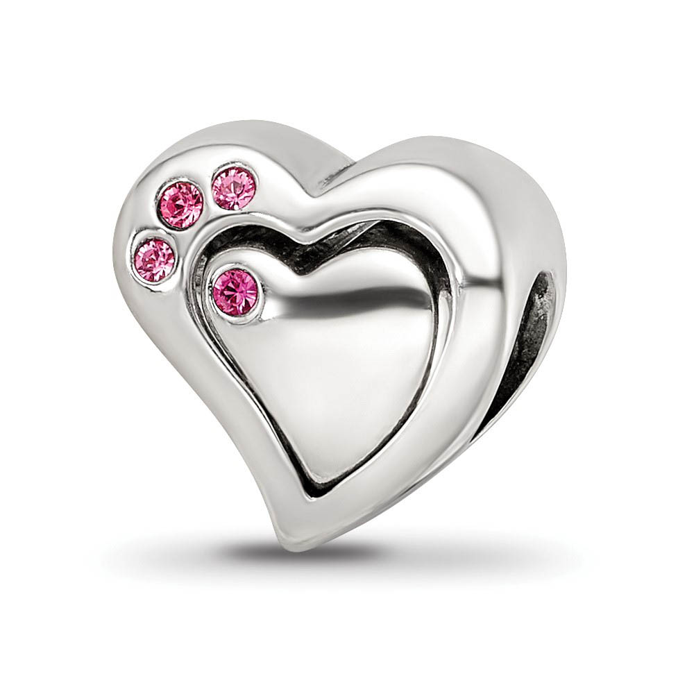 Sterling Silver Pink Crystal 2 Piece Heart Bead Charm