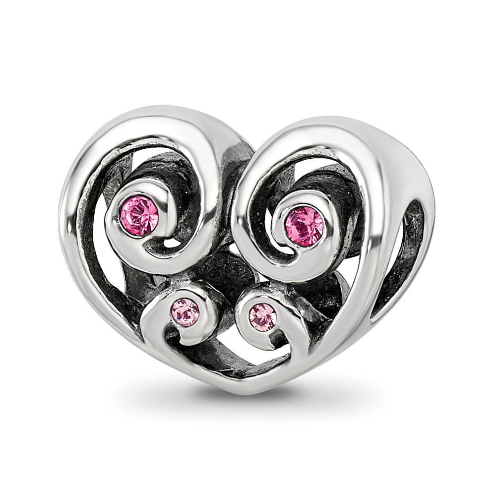 Sterling Silver Pink Crystal Scroll Heart Bead Charm