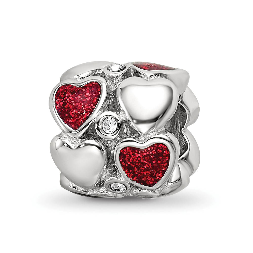 Sterling Silver, Red Glitter Enamel & Crystal Dbl Row Heart Bead Charm