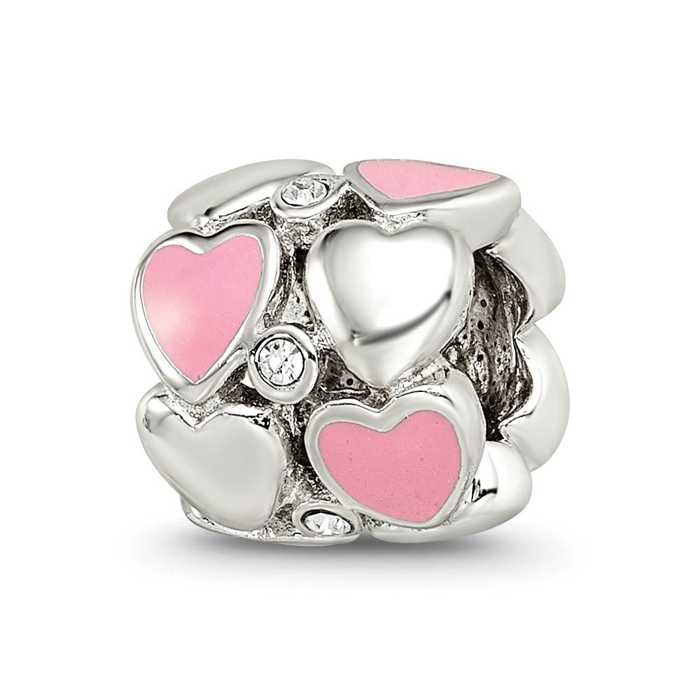 Sterling Silver, Pink Enamel & Crystal Double Row Heart Bead Charm