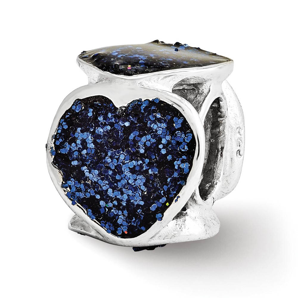 Sterling Silver and Blue Glitter Enameled Heart Bead Charm