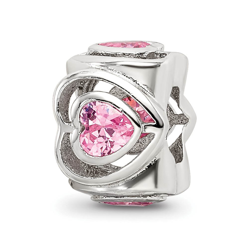 Sterling Silver Pink Cubic Zirconia Four Sided Double Heart Bead Charm