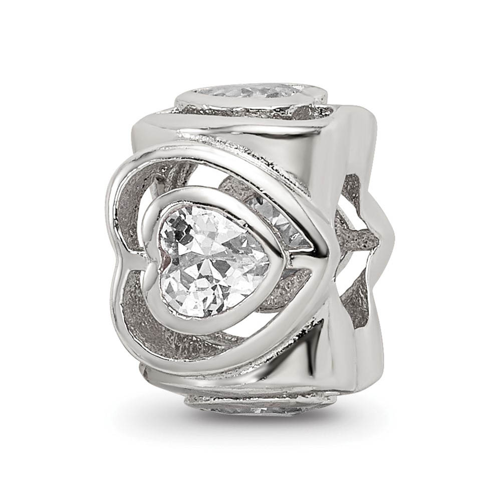 Sterling Silver Clear Cubic Zirconia Four Sided Dbl Heart Bead Charm