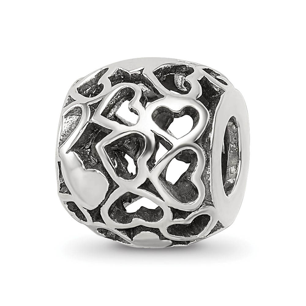 Bali Solid & Open Hearts Bead Charm in Antiqued Sterling Silver, 10mm
