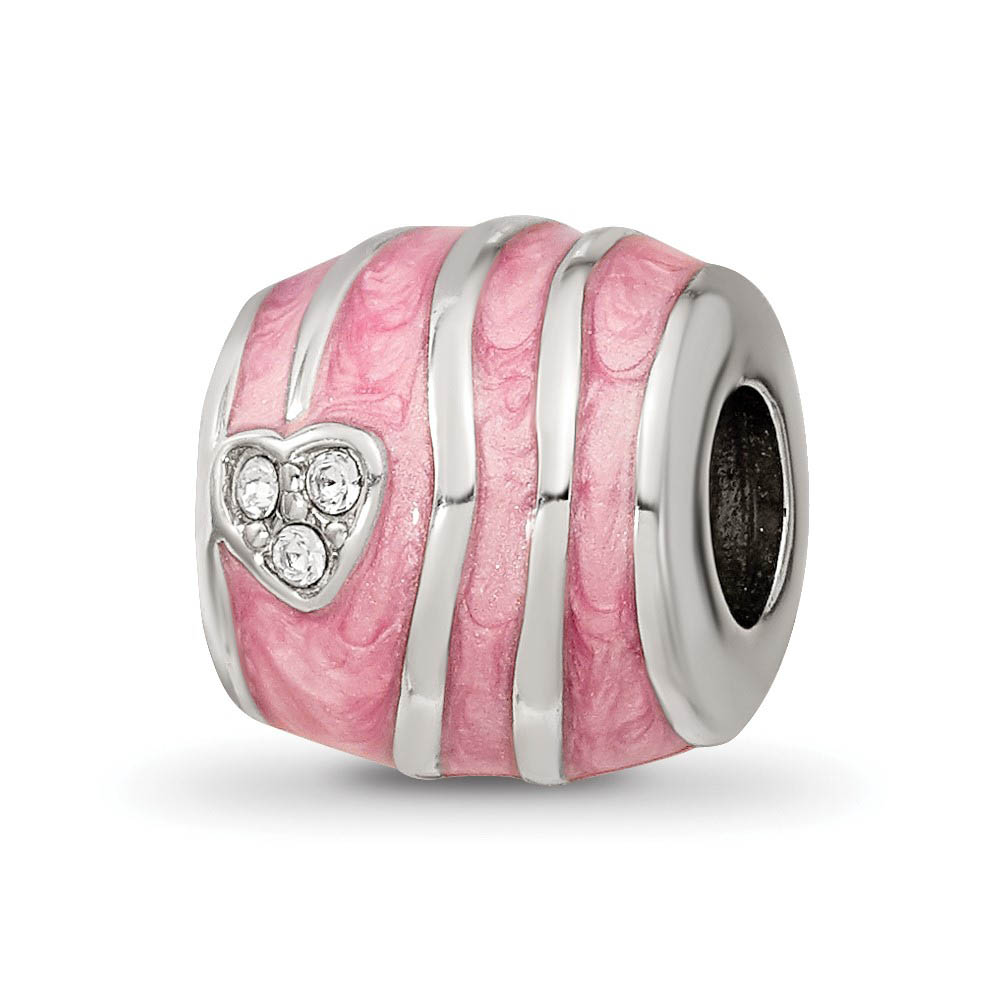 Sterling Silver, Pink Enamel, Crystals Heart Barrel Bead Charm