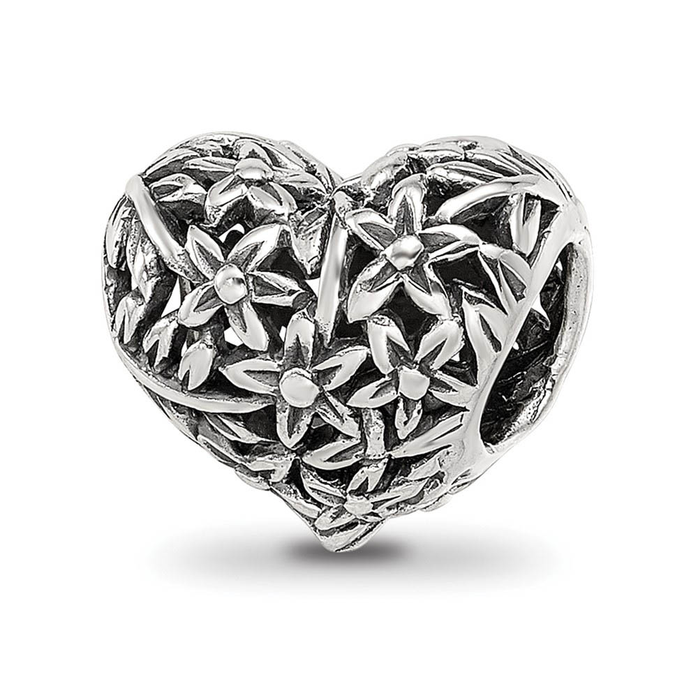 Filigree Flower Heart Bead Charm in Antiqued Sterling Silver