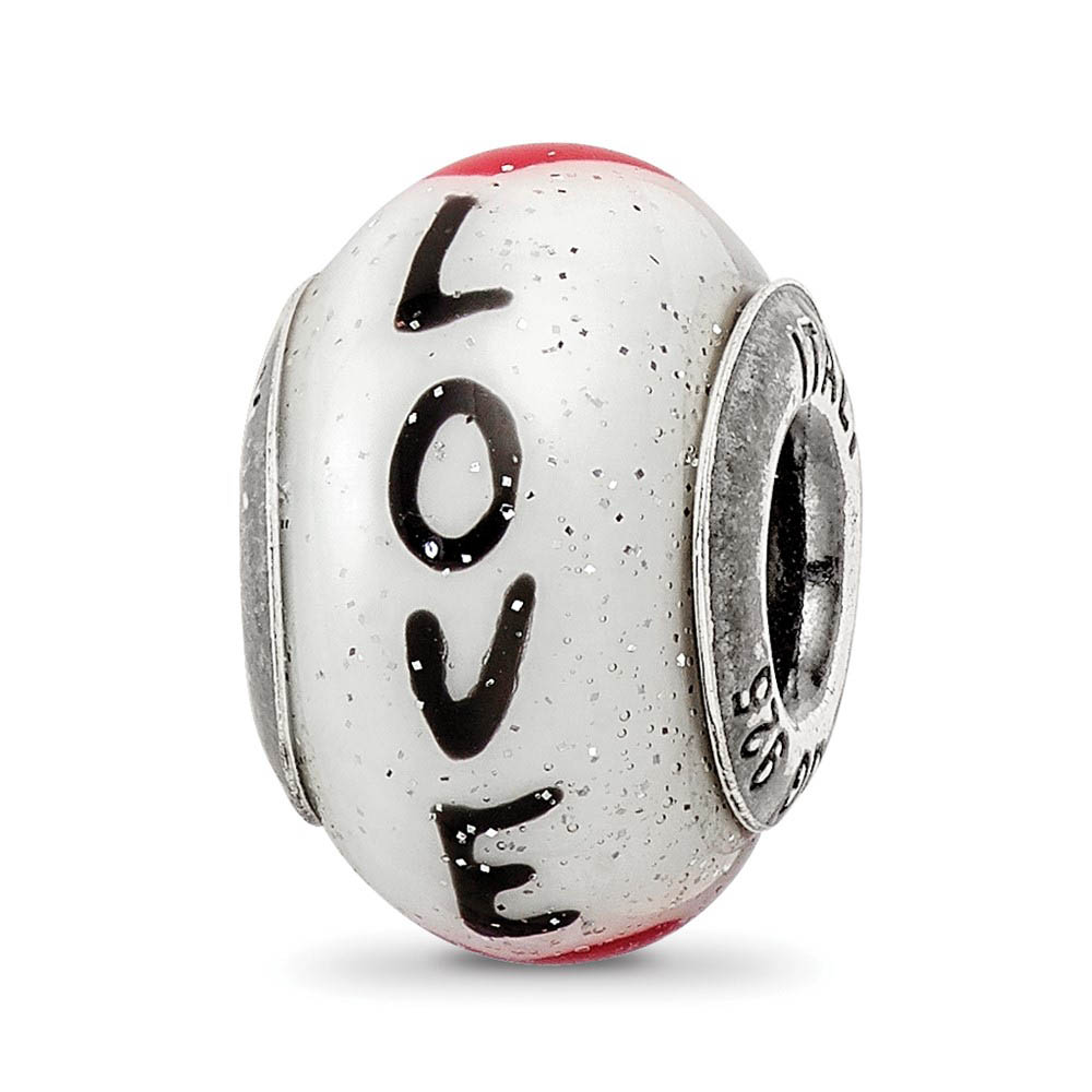 Sterling Silver & Italian Murano Glass Love Script w/Hearts Bead Charm