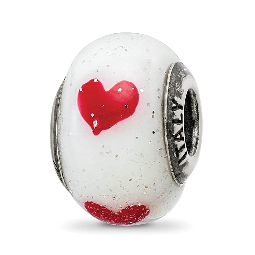 Sterling Silver & Italian Murano Glass Red Hearts Bead Charm