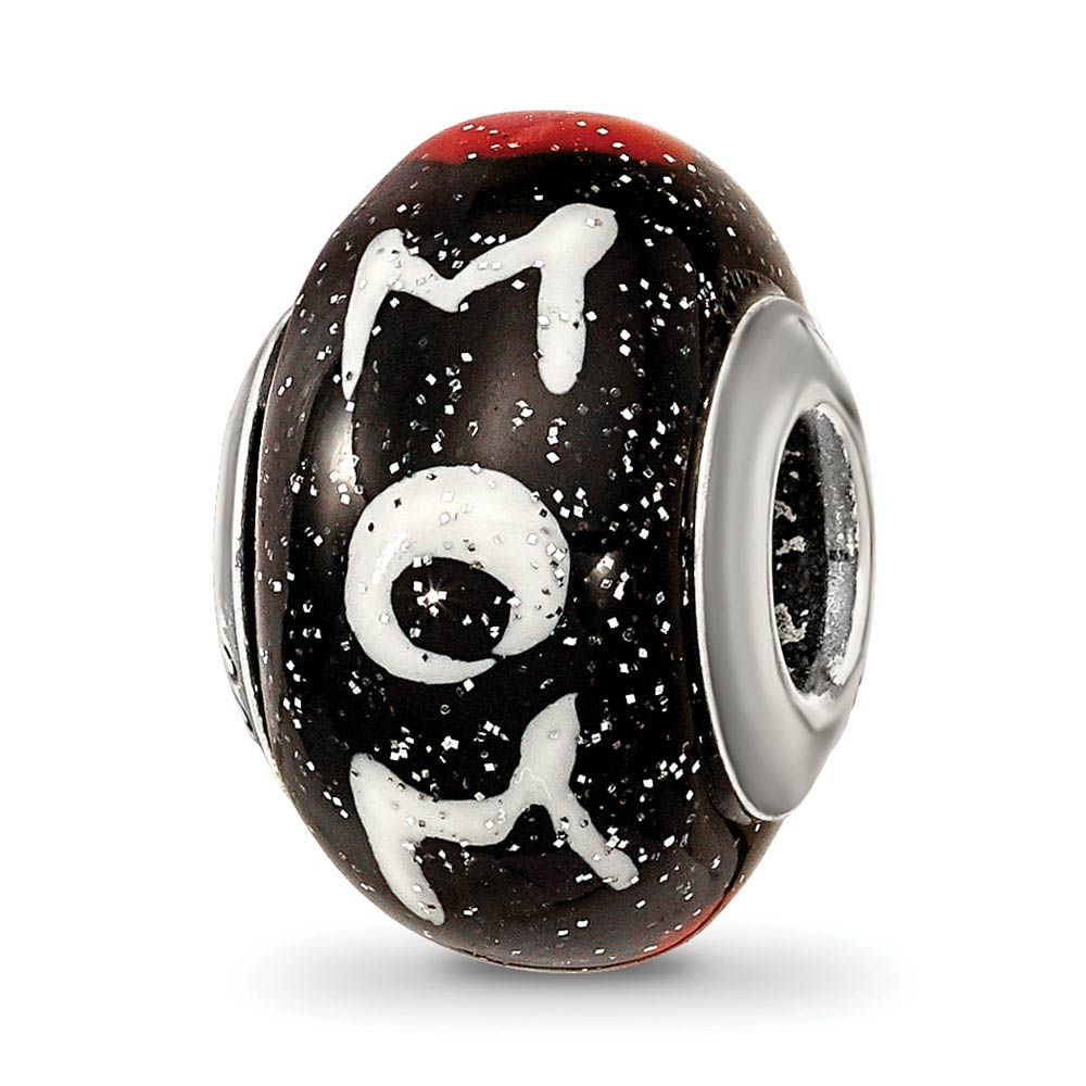 Sterling Silver & Black Italian Murano Glass Mom & Hearts Bead Charm