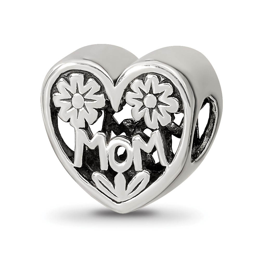 Sterling Silver Floral MOM Heart Bead Charm