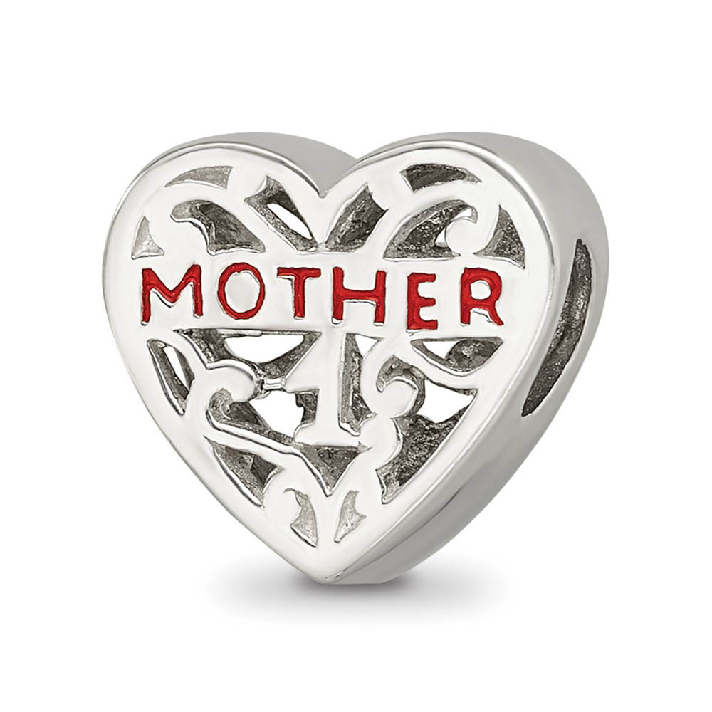 Sterling Silver & Red Enameled Mother Filigree Heart Bead Charm