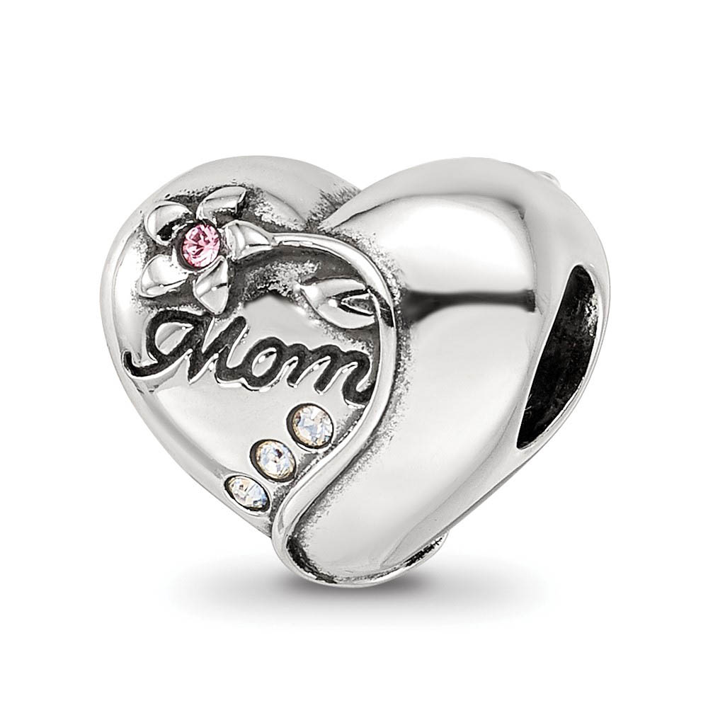 Sterling Silver with Crystals Vining Flower Mom Heart Bead Charm