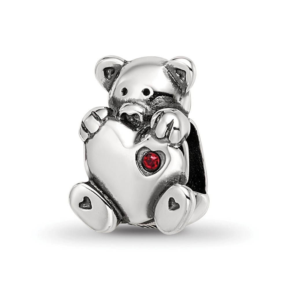Sterling Silver & Red Crystal Teddy Bear with Heart Bead Charm