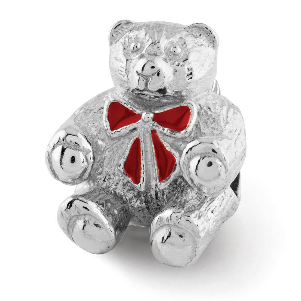 Sterling Silver & Enamel Teddy Bear with Red Bow Bead Charm