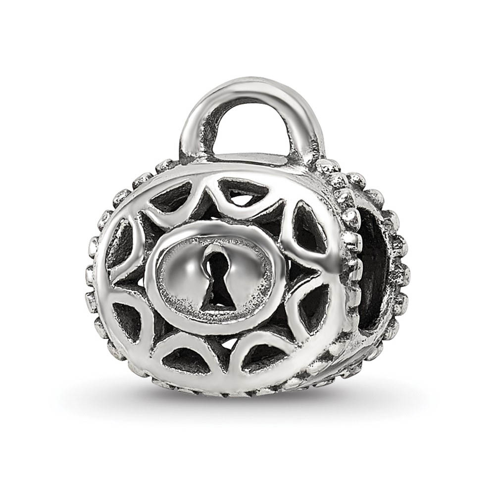 Filigree Padlock Bead Charm in Antiqued Sterling Silver