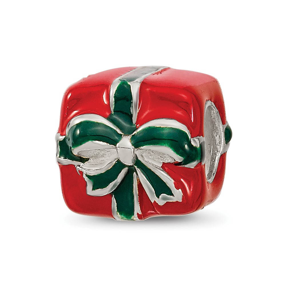 Sterling Silver, Green and Red Enameled Present Bead Charm