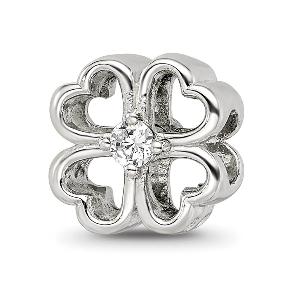 Four Leaf Heart Clover Cubic Zirconia and Sterling Silver Bead Charm