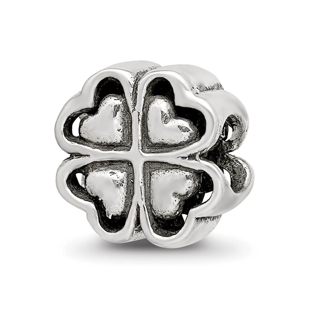 Four Leaf Heart Clover Bead Charm in Antiqued Sterling Silver