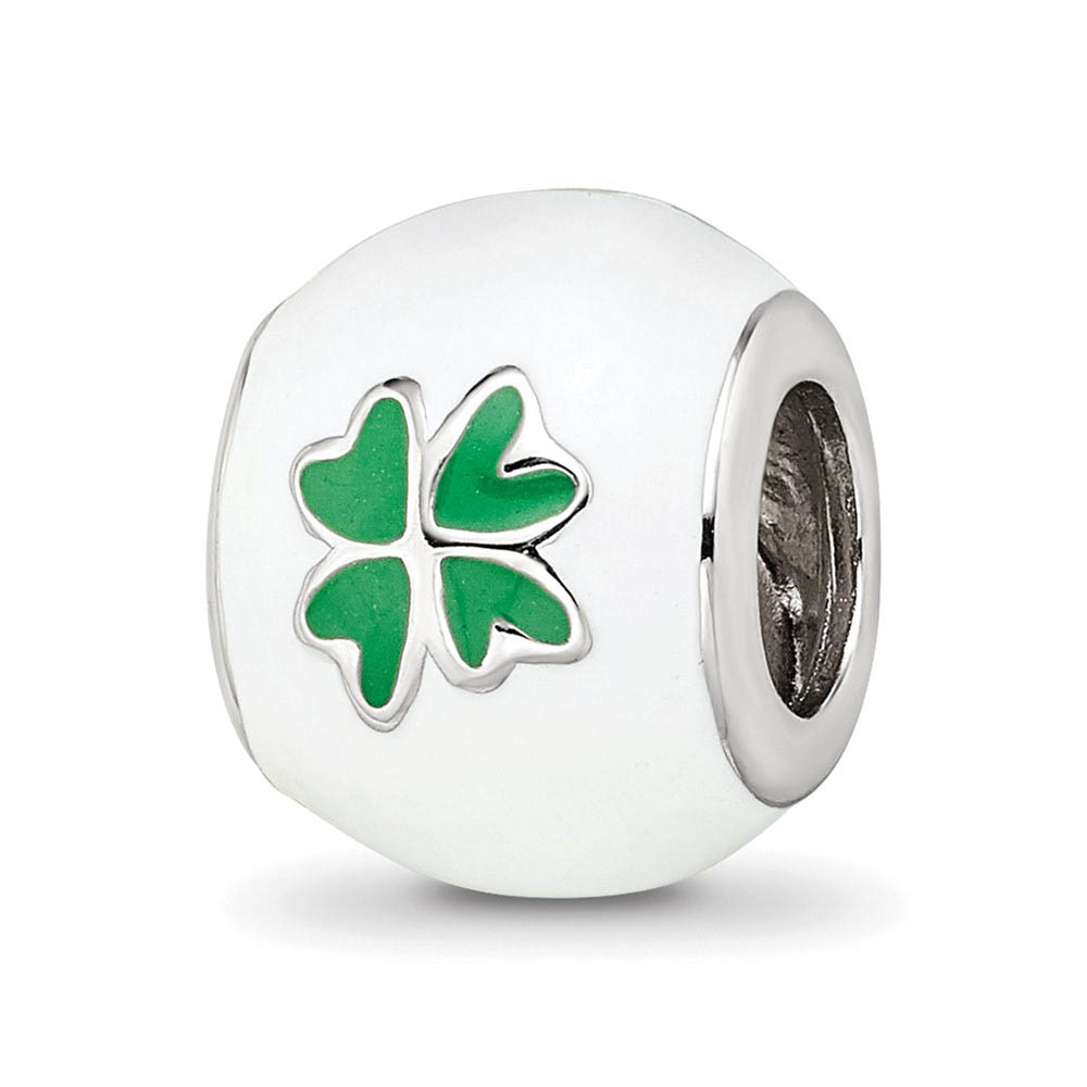 Sterling Silver, White & Green Enamel Four Leaf Clover Bead Charm