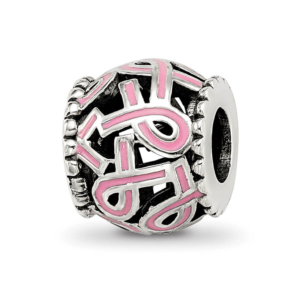 Sterling Silver, Pink Enamel Awareness Ribbon Bead Charm
