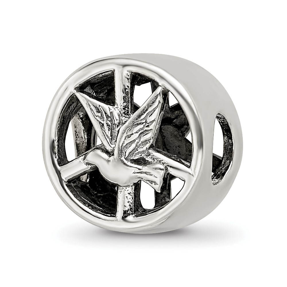 Dove & Peace Sign Cylinder Bead Charm in Antiqued Sterling Silver