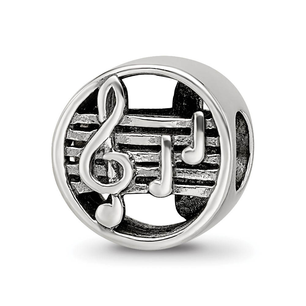 Music Notes and Staff Cylinder Bead Charm in Antiqued Sterling Silver