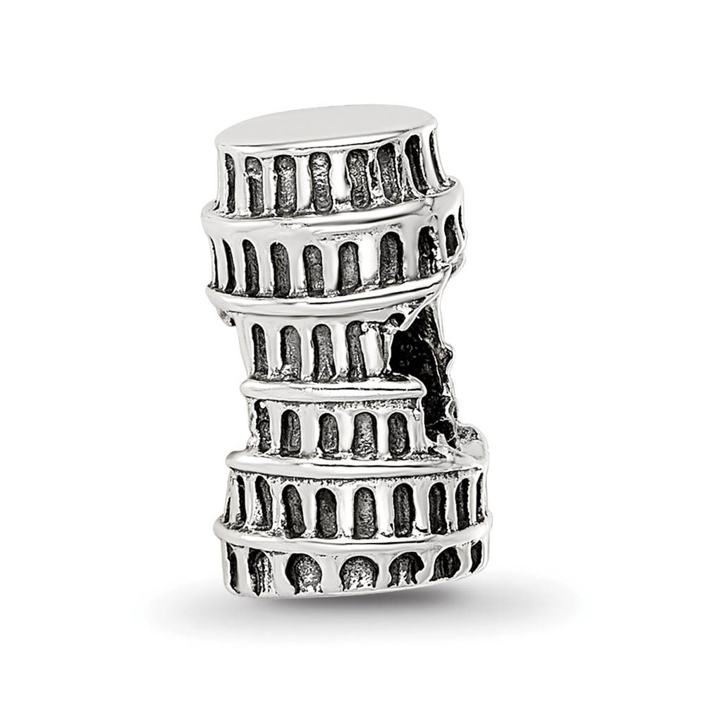 3D Leaning Tower of Pisa Bead Charm in Antiqued Sterling Silver