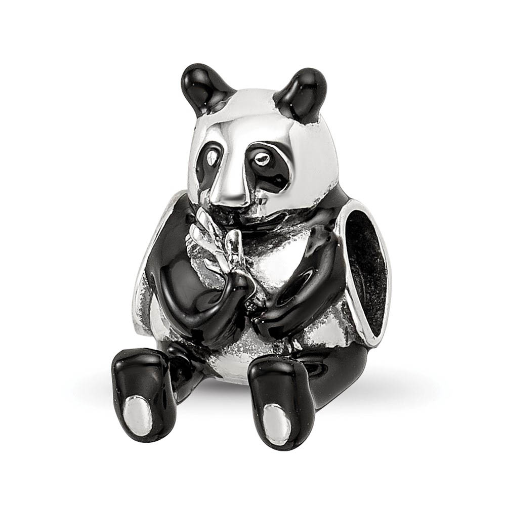 Black Enamel Panda Bead Charm in Antiqued Sterling Silver