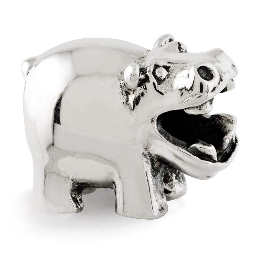 Sterling Silver 3D Hippo Bead Charm, 12mm
