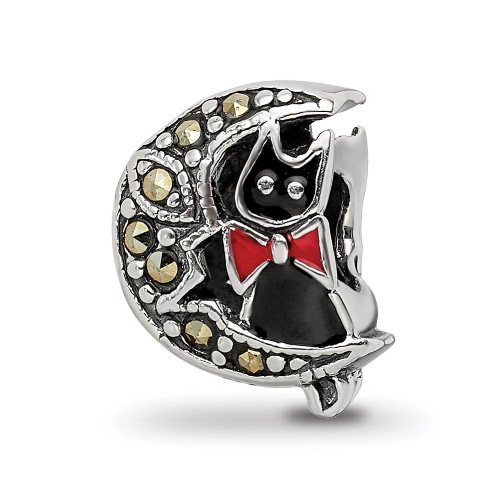 Sterling Silver Enamel & Marcasite Cat & Moon Double Sided Bead Charm