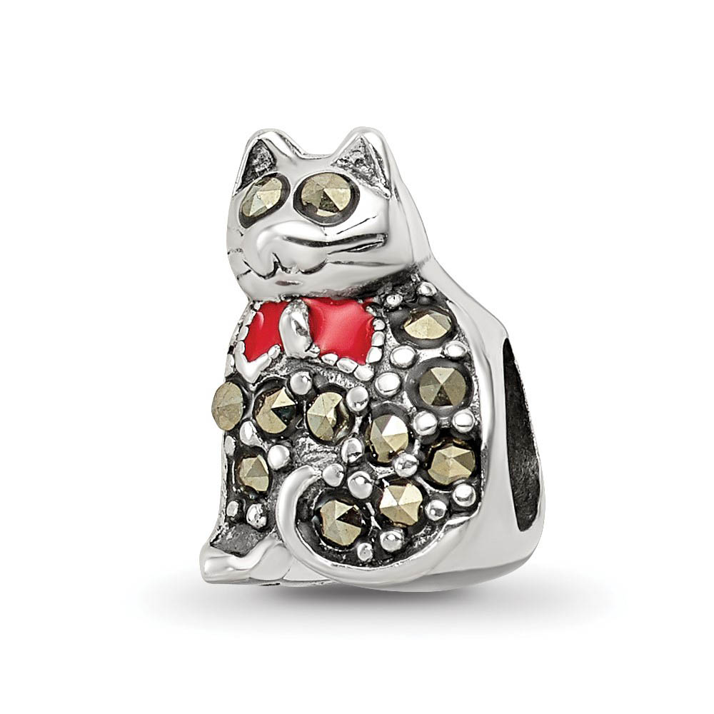 Sterling Silver, Enamel & Marcasite Cat with Red Bow Bead Charm