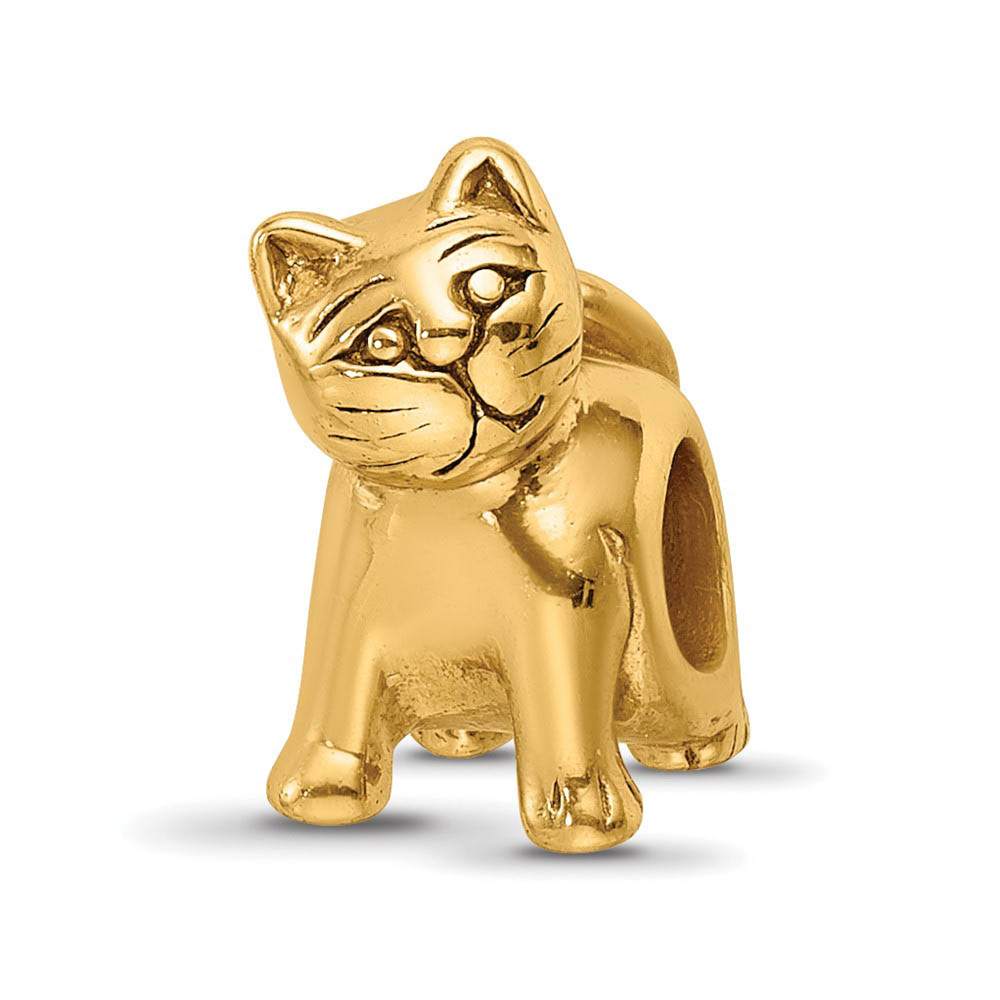 Cute Kitten Bead Charm in 14k Yellow Gold Plated Sterling Silver