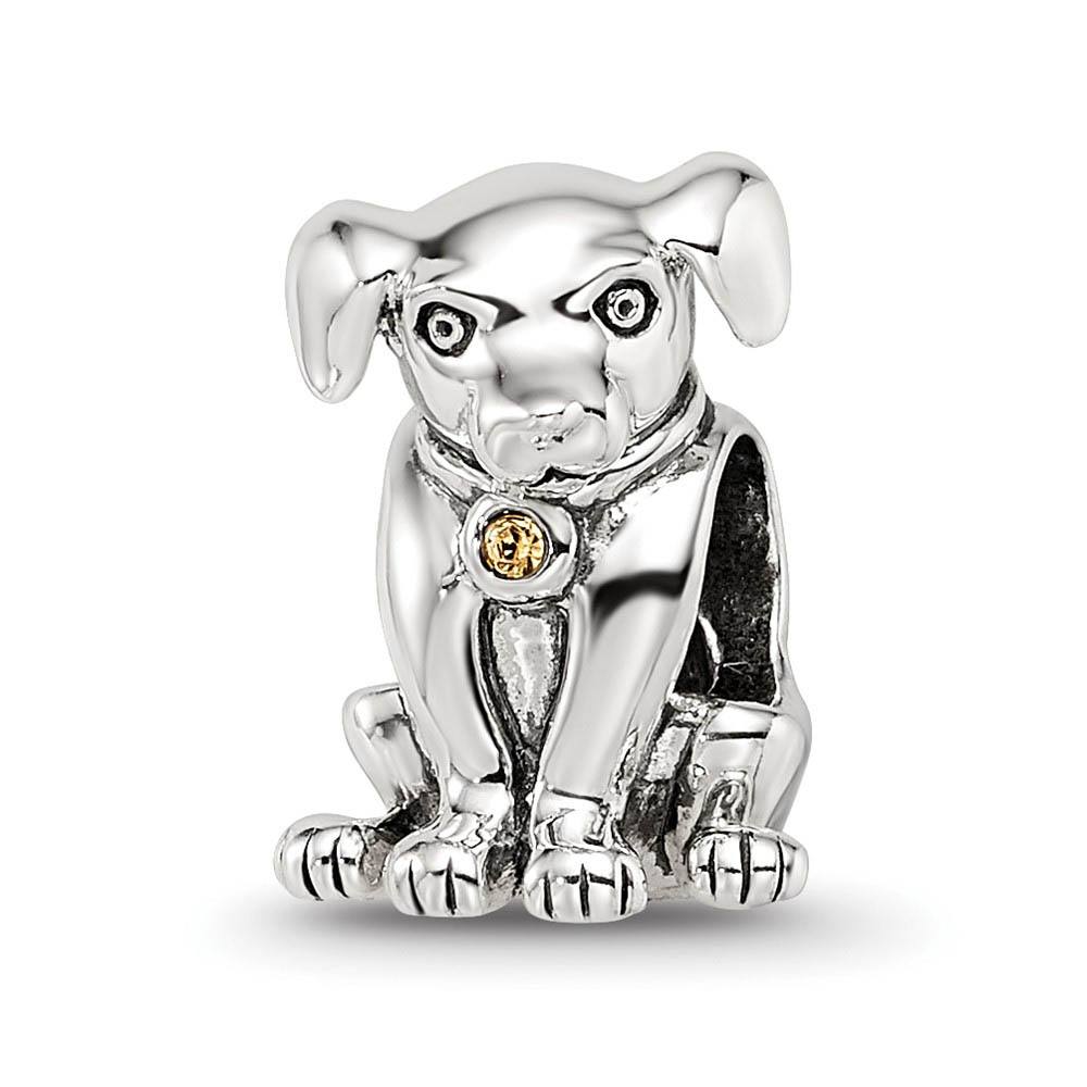 Sterling Silver Puppy with Yellow Crystal Collar Bead Charm