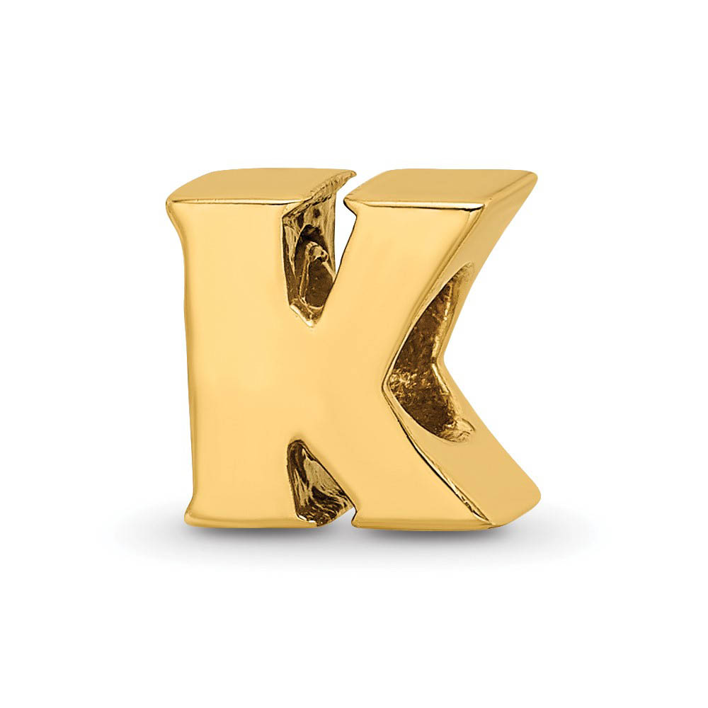 Letter K Bead Charm in 14k Yellow Gold Plated Sterling Silver