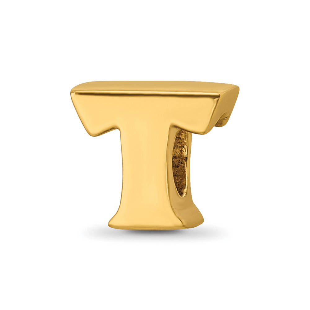 Letter T Bead Charm in 14k Yellow Gold Plated Sterling Silver