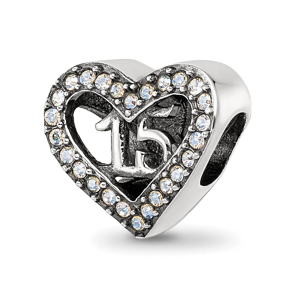 Sterling Silver with White Crystals Quinceanera Heart Bead Charm