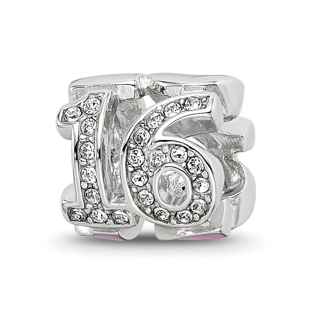 Sterling Silver, Pink Enamel & Crystals 3-Sided Number 16 Bead Charm