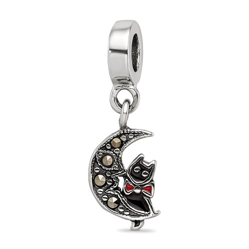 Sterling Silver, Enameled Cat & Marcasite Moon Dangle Bead Charm