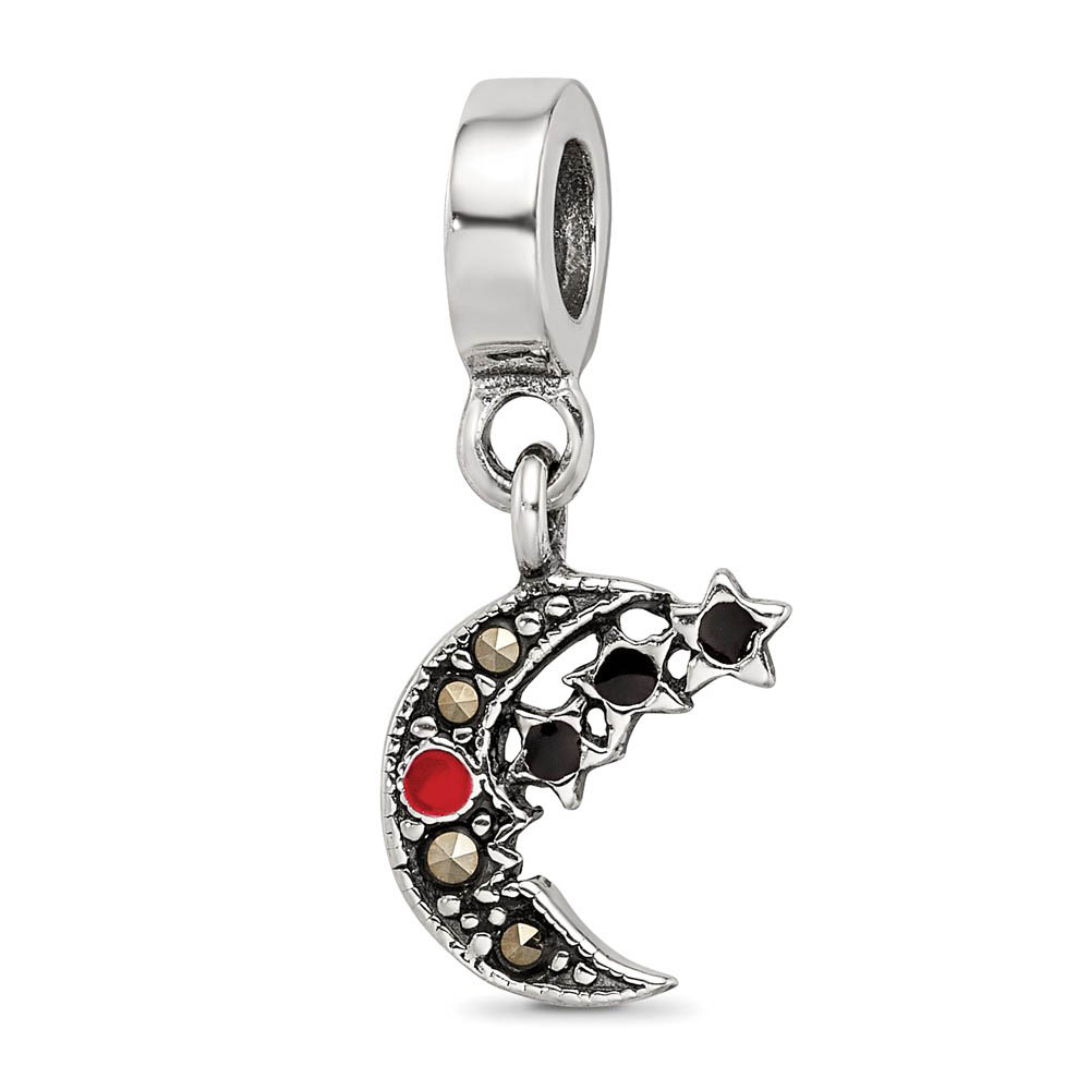 Sterling Silver Marcasite Moon & Black Crystal Stars Dangle Bead Charm