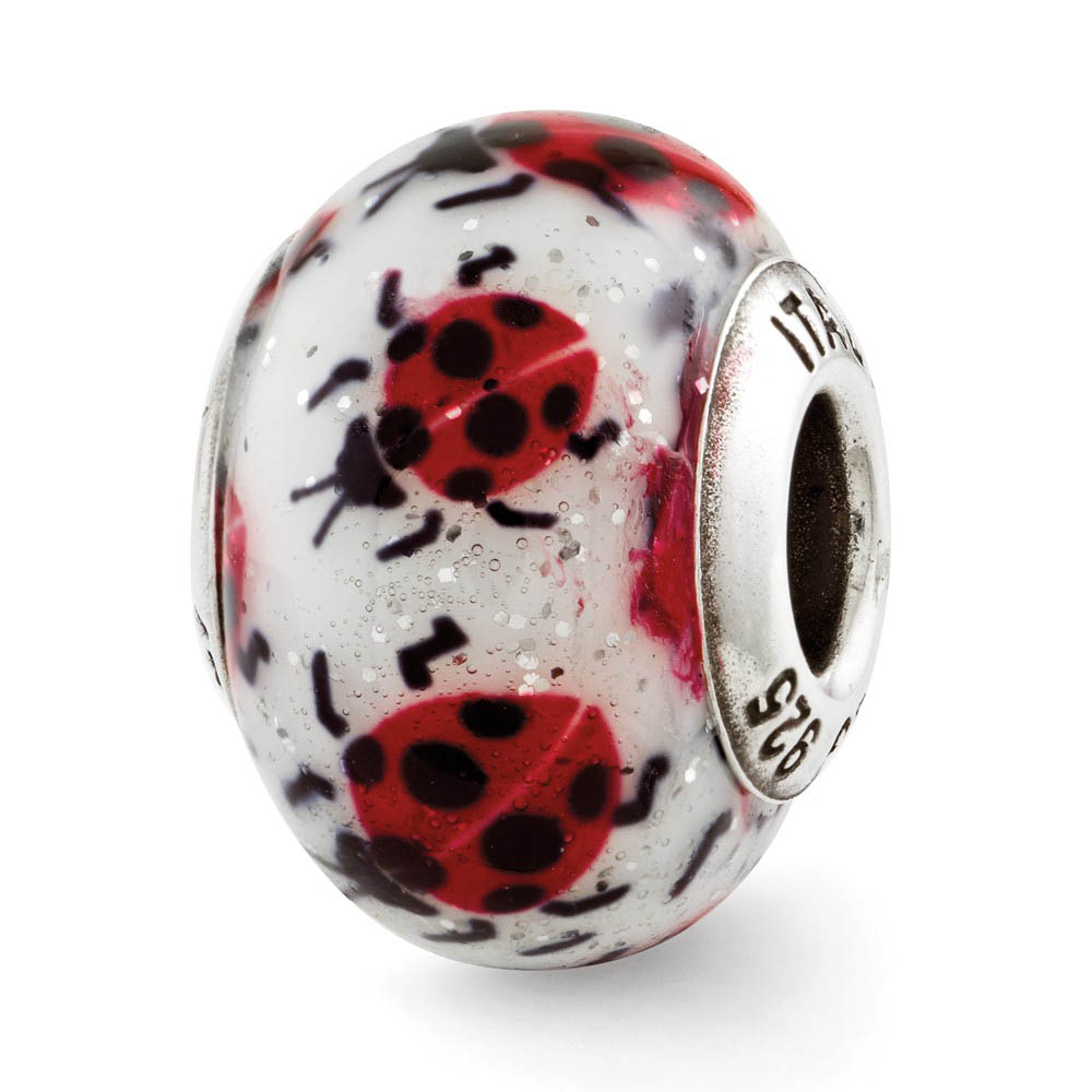 Ladybug Hand Painted Italian Murano Glass & Sterling Silver Bead Charm