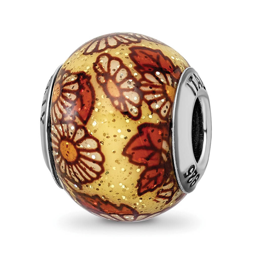 Yellow Floral Overlay Italian Glitter Glass Sterling Silver Bead Charm