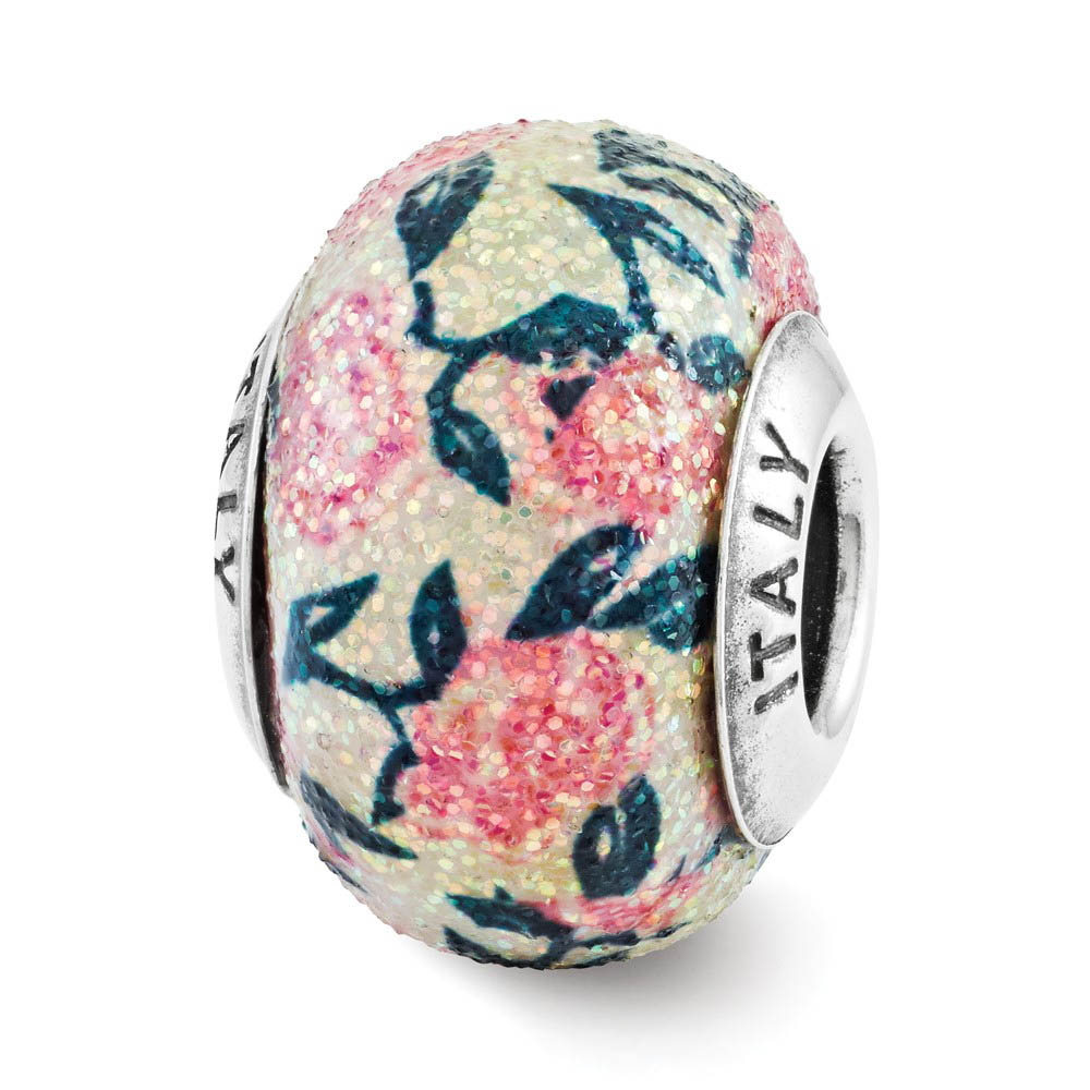 Pink Floral Overlay Italian Glass & Sterling Silver Bead Charm