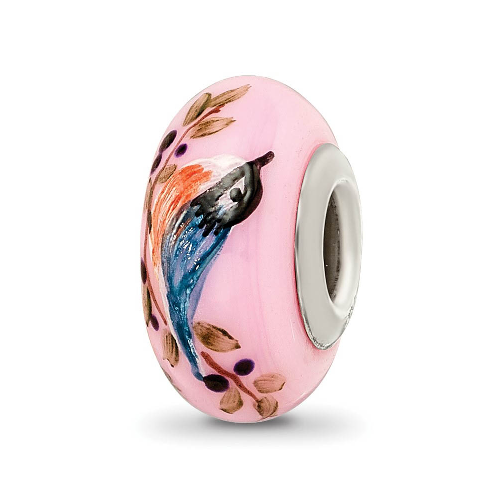 Fenton Pink Hand Painted Nuthatch Glass & Sterling Silver Bead Charm