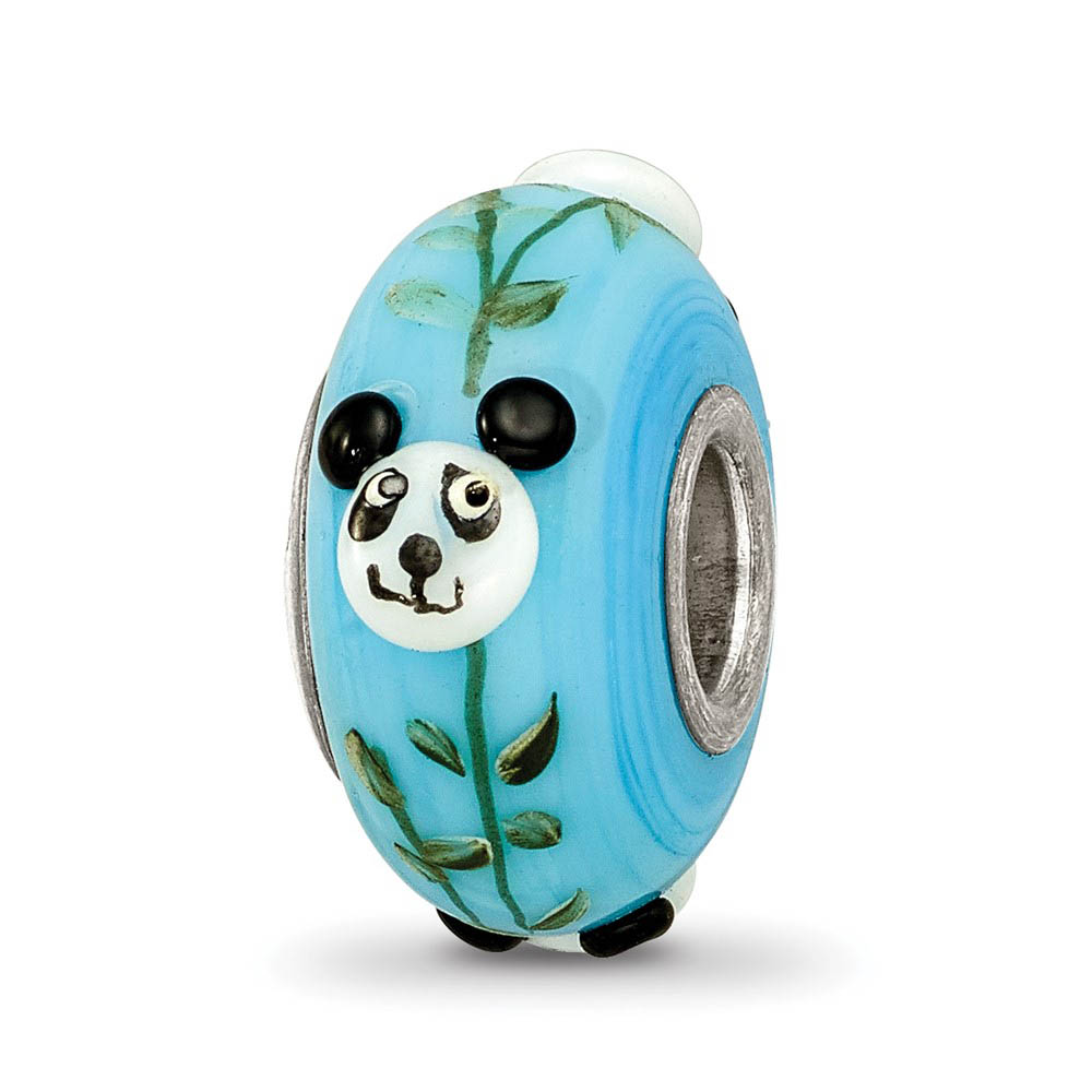 Fenton Blue Hand Painted Panda Face Glass & Sterling Silver Bead Charm