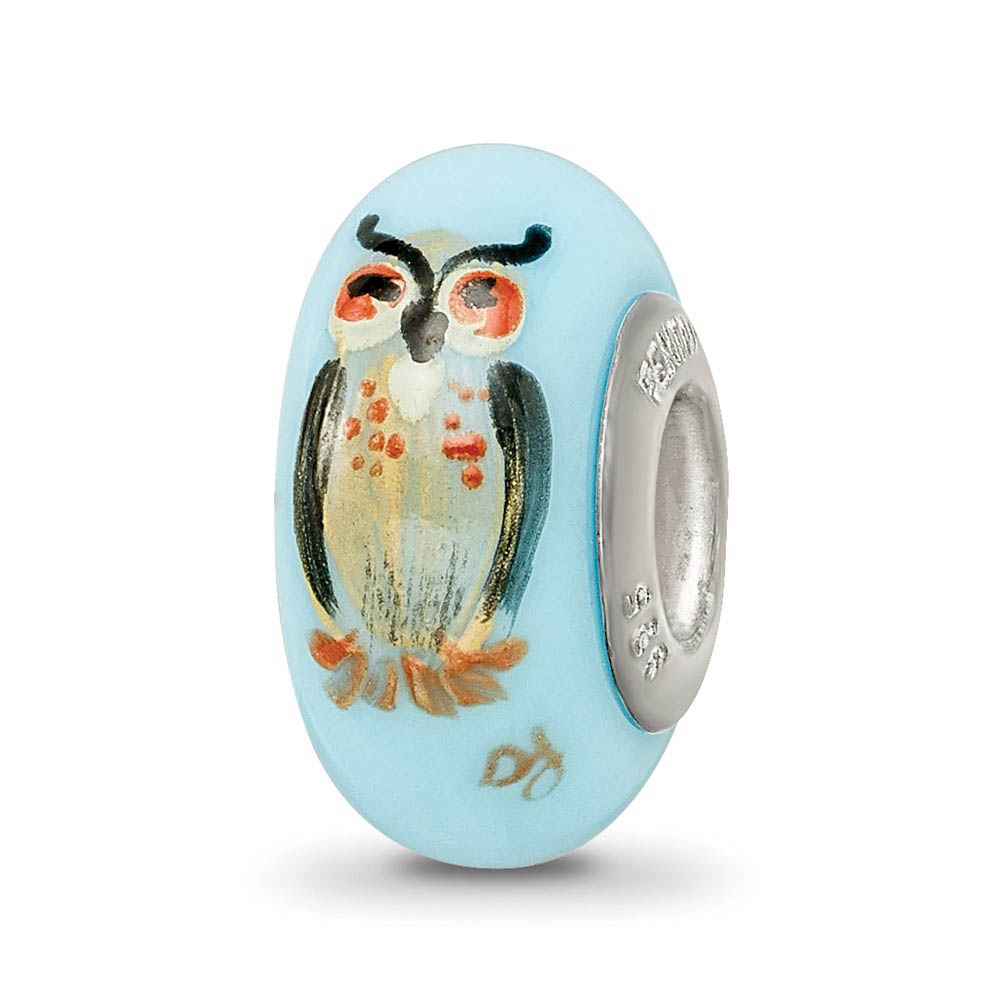 Fenton Blue Hand Painted Wisdom Owl Glass & Sterling Silver Bead Charm