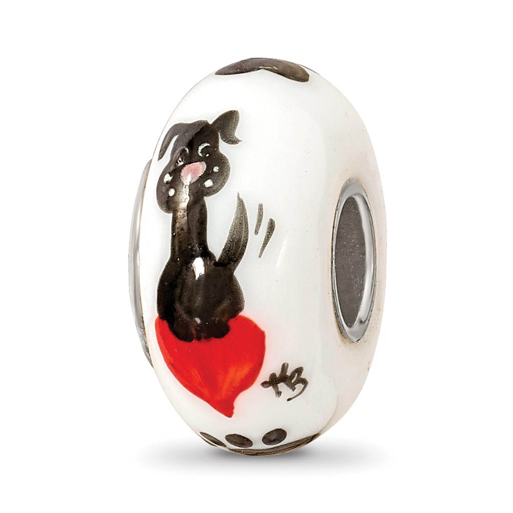 Fenton White Muttley Dog Glass & Sterling Silver Bead Charm