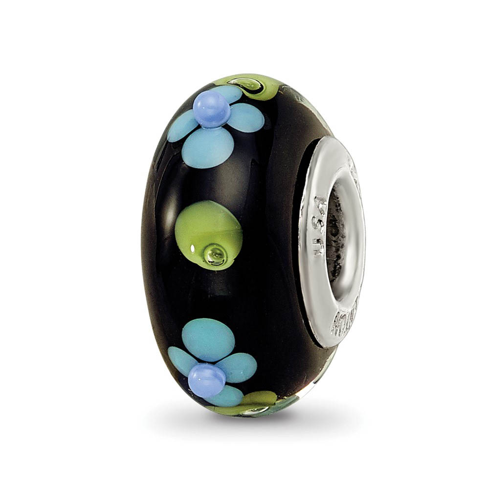 Fenton Black Blue Floral Glass & Sterling Silver Bead Charm