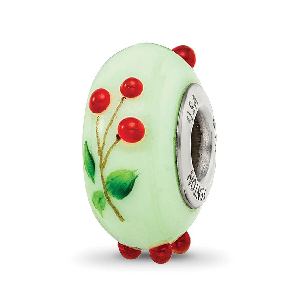 Fenton Green Hand Painted Cherries Glass & Sterling Silver Bead Charm